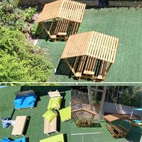 שולחנות מוצלים, ספסלים, ופינות זולה צבעוניות